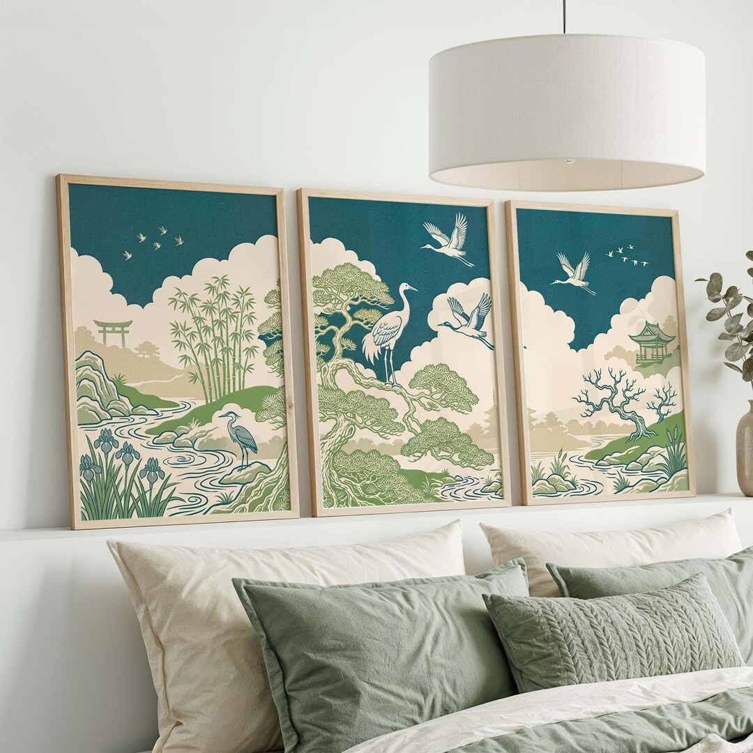 Japanese Crane Bird Landscape Prints, Japandi Triptych Wall Art Set - Etsy