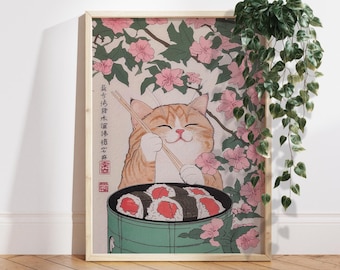 風変わりな女の子と猫のアートプリント：和風イラスト - Etsy 日本