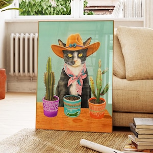Cowboy Tuxedo Katze mit Kaktus Poster, Texas Katze Druck Humorvolles Wohnkultur, Mexikanische Western Zimmer Dekoration, Katzenliebhaber Geschenke, Ranch Art PS0607