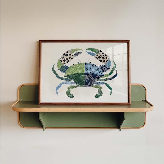 Crab Wall Art Print, Coastal Nautical Crab Illustration, Blue Green Sea Life Decor