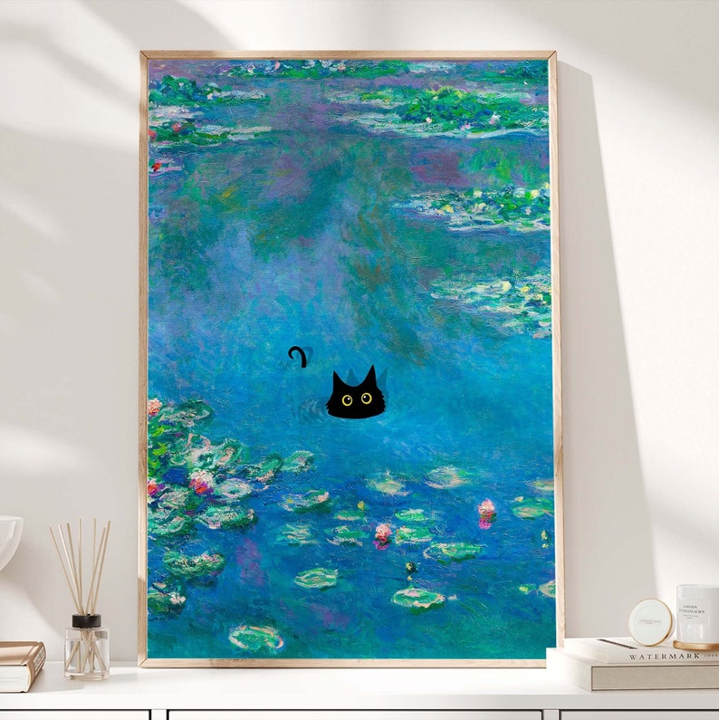 Monet Waterlily Cat Print, Claude Monet Cat Poster, Black Cat Art, Floral Print, Funny Cat print, Funny gift, Home decor Poster PS0016 image 3