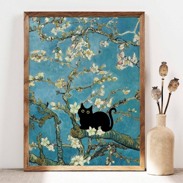 Art de chat noir, impression de chat en fleurs d'amandier de Vincent Van Gogh, affiche de chat de Van Gogh, impression de chat drôle, cadeau amusant, affiche de décoration intérieure PS0478