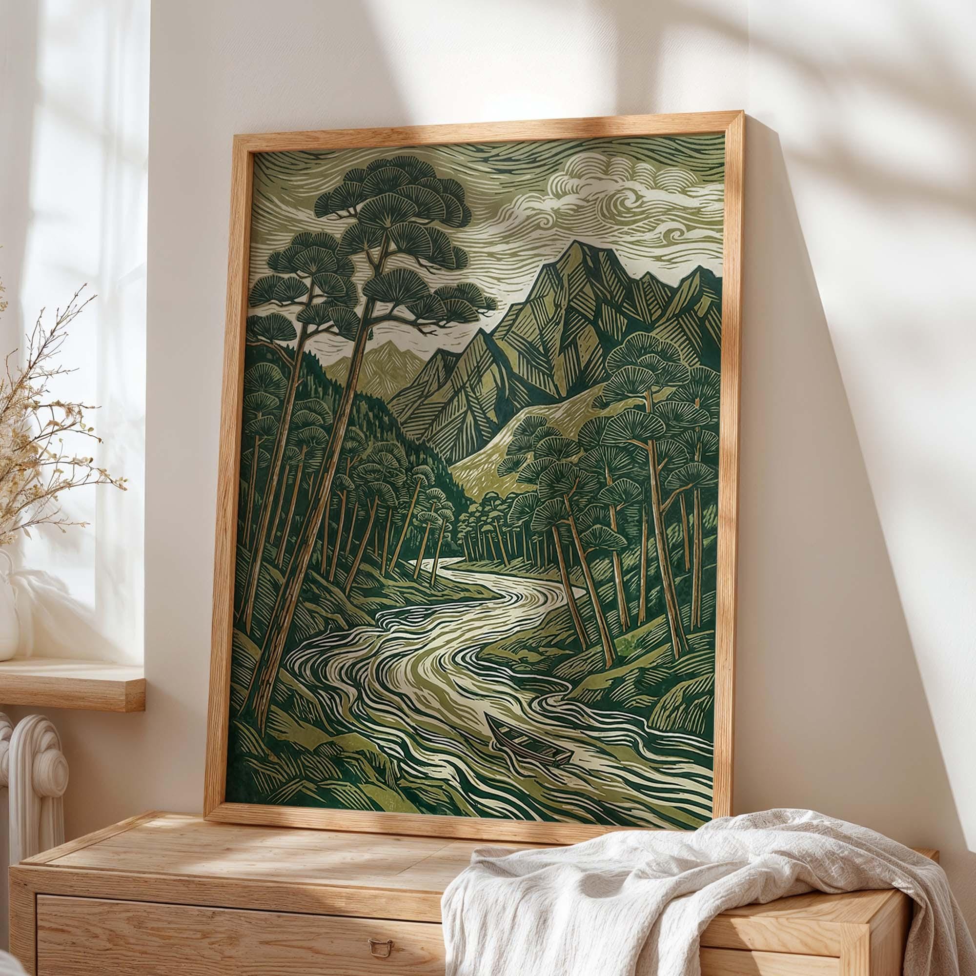 Forest River Wall Art Print, Green Mountain Landscape Poster, Japanese ...