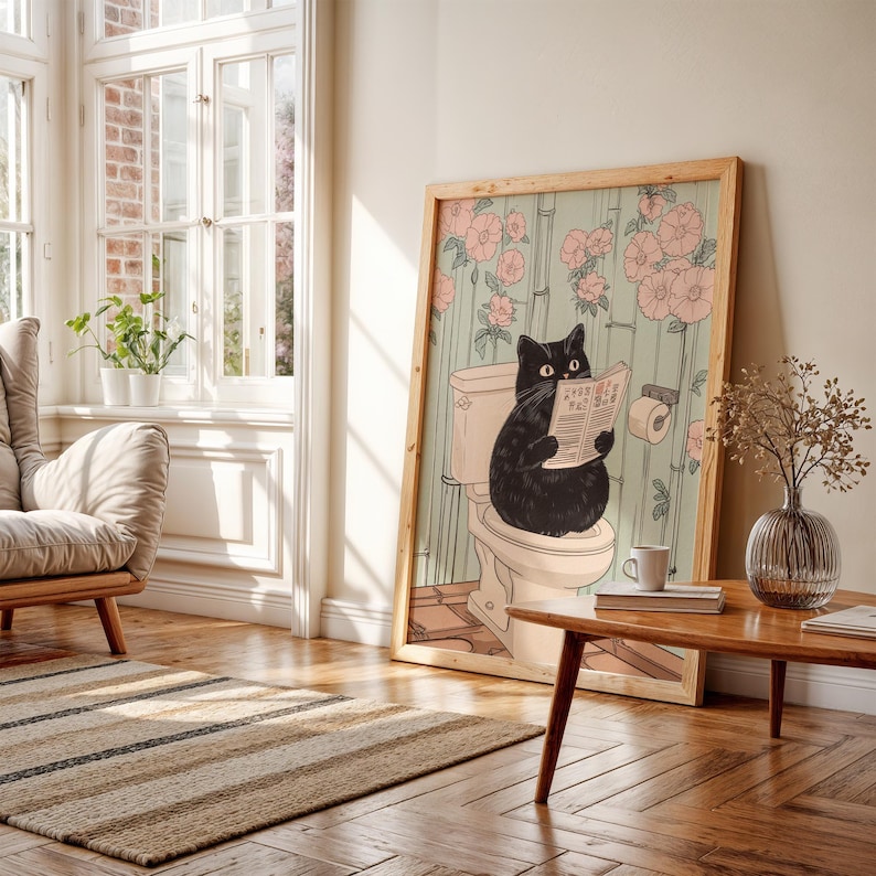 Pôster de gato em estilo japonês, presente divertido para parede do banheiro, estampa de gato preto para vaso sanitário, decoração zen para banheiro, presente para amantes de gatos, arte com humor para banheiro PS0761 imagem 4