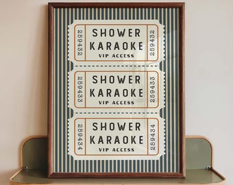 Shower Karaoke VIP Access Print, Retro Blue Green Striped Ticket Decor