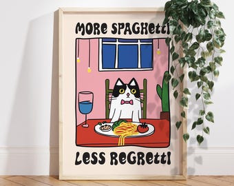 Cat Wall Art, Kitchen Wall Art, More Spaghetti Less Regretti Cat Print, Retro Diner Poster, Pasta Posters, Kitchen Prints Wall Decor PS0553