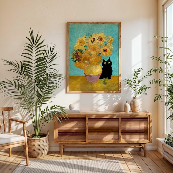 Funny Black Cat Wall Art – Hiding In Sunflowers Van Gogh Style – Framed Canvas Poster 8x10 Inches