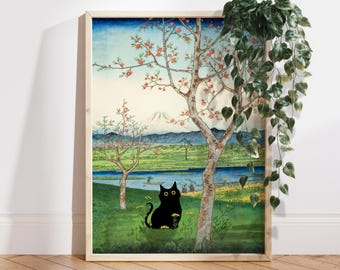Póster de gato con paisaje japonés, arte mural de naturaleza con gato negro, impresión artística del monte Fuji, decoración tradicional japonesa, regalo para amantes de los gatos, arte zen PS0765
