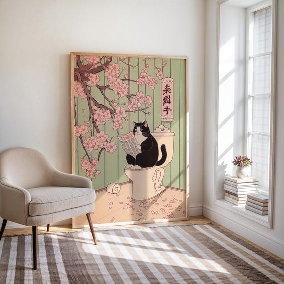 Tuxedo Cat on a Toilet Japanese Print, Funny Bathroom Print