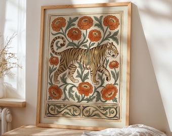 Tiger wall art print, floral tiger poster, vintage botanical animal decor, Art Nouveau maximalist artwork