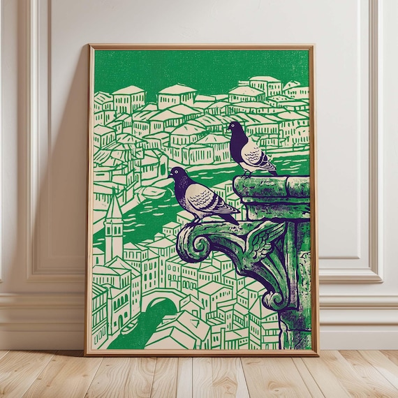 Pigeon Wall Art Print, Green Cityscape Poster, European Architectural Decor, Vintage Travel Artwork