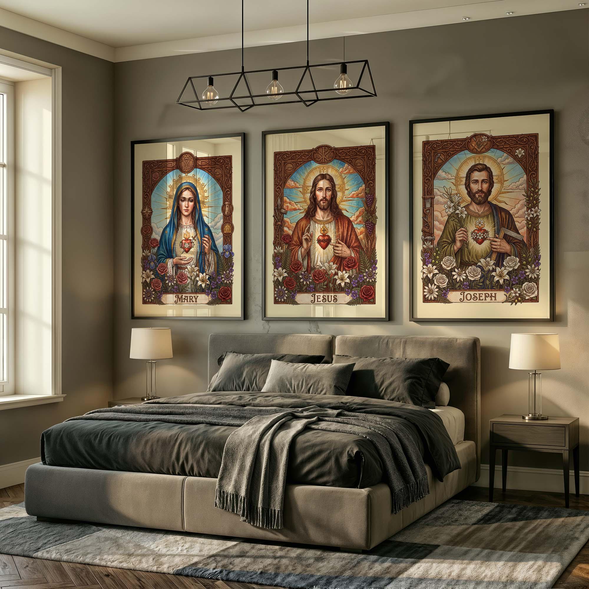 Catholic Wall Art Set of 3, Jesus Mary Joseph Prints, Sacred Heart ...