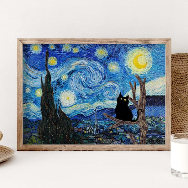 Impresión del gato de la noche estrellada de Vincent Van Gogh, cartel del gato de Van Gogh, arte del gato negro, impresión divertida del gato, regalo divertido, cartel de decoración del hogar PS0287