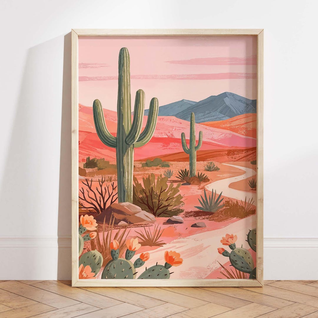 Pink Desert Landscape Cactus Wall Art Print, Saguaro & Prickly Pear ...