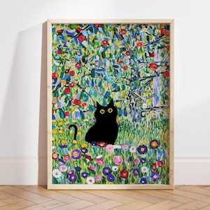 Gustav Klimt Garden Cat Print, Apple Tree Cat Poster, Black Cat Art, Floral Print, Funny Cat print, Funny gift, Home decor Poster PS0361