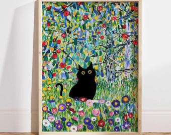 Gustav Klimt - Lámina de gato en el jardín, Póster de gato en el manzano, Arte de gato negro, Lámina floral, Lámina de gato divertida, Regalo divertido, Póster de decoración para el hogar PS0361