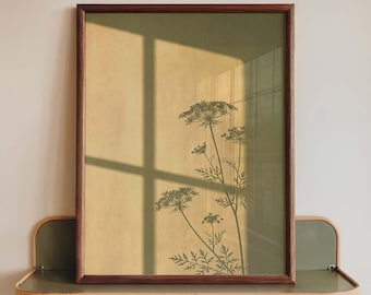 Wildflower Window Shadow Wall Art, Queen Anne's Lace Botanical Print, Mustard Yellow Window Light Poster, Olive Green Japandi Decor