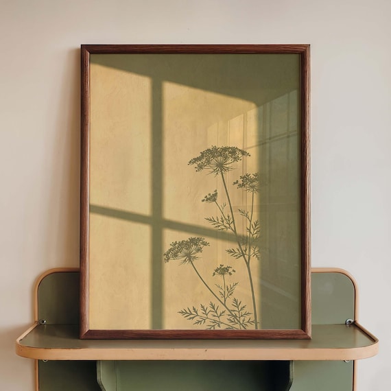 Wildflower Window Shadow Wall Art, Queen Anne's Lace Botanical Print, Mustard Yellow Window Light Poster, Olive Green Japandi Decor