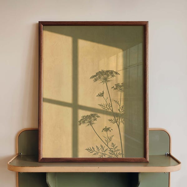 Wildflower Window Shadow Wall Art, Queen Anne's Lace Botanical Print, Mustard Yellow Window Light Poster, Olive Green Japandi Decor
