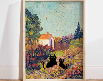 Zwarte kat kunst, Van Gogh tuinkat print, cottage bloemen zwarte kat poster, grappige kat print, grappig cadeau-idee twee katten op de rug schilderij PS0516