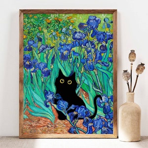 Vincent Van Gogh Irises Katze Druck, Van Gogh Katze Poster, Schwarze Katze Kunst, Blumendruck, Lustiges Katzengeschenk, Lustiges Geschenk, Wohnkultur Poster PS0130