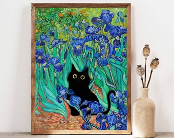 Vincent Van Gogh Irises Katze Druck, Van Gogh Katze Poster, Schwarze Katze Kunst, Blumendruck, Lustiges Katzengeschenk, Lustiges Geschenk, Wohnkultur Poster PS0130