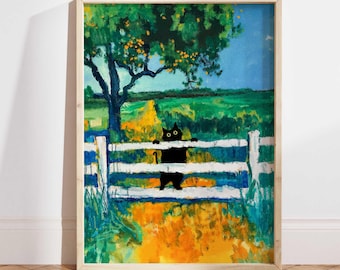 Zwarte kat op hek poster poster, Claude Monet landscène kunstafdruk met humoristische kat, zwarte kat kunst, kattenafdruk cadeau voor kattenliefhebber PS0616