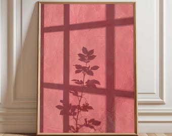 Pastel Pink Shadow Botanical Print, Blush Window Light Plant Wall Art, Feminine Floral Shadow Poster, Trendy Aesthetic Bedroom Decor