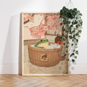 Japanese Frog in a Bathtub Print, Japanese Bathroom Wall Art, Japandi Art, Relaxing Poster, Japanese Wall Decor, Bathroom Decor Gift PS0684