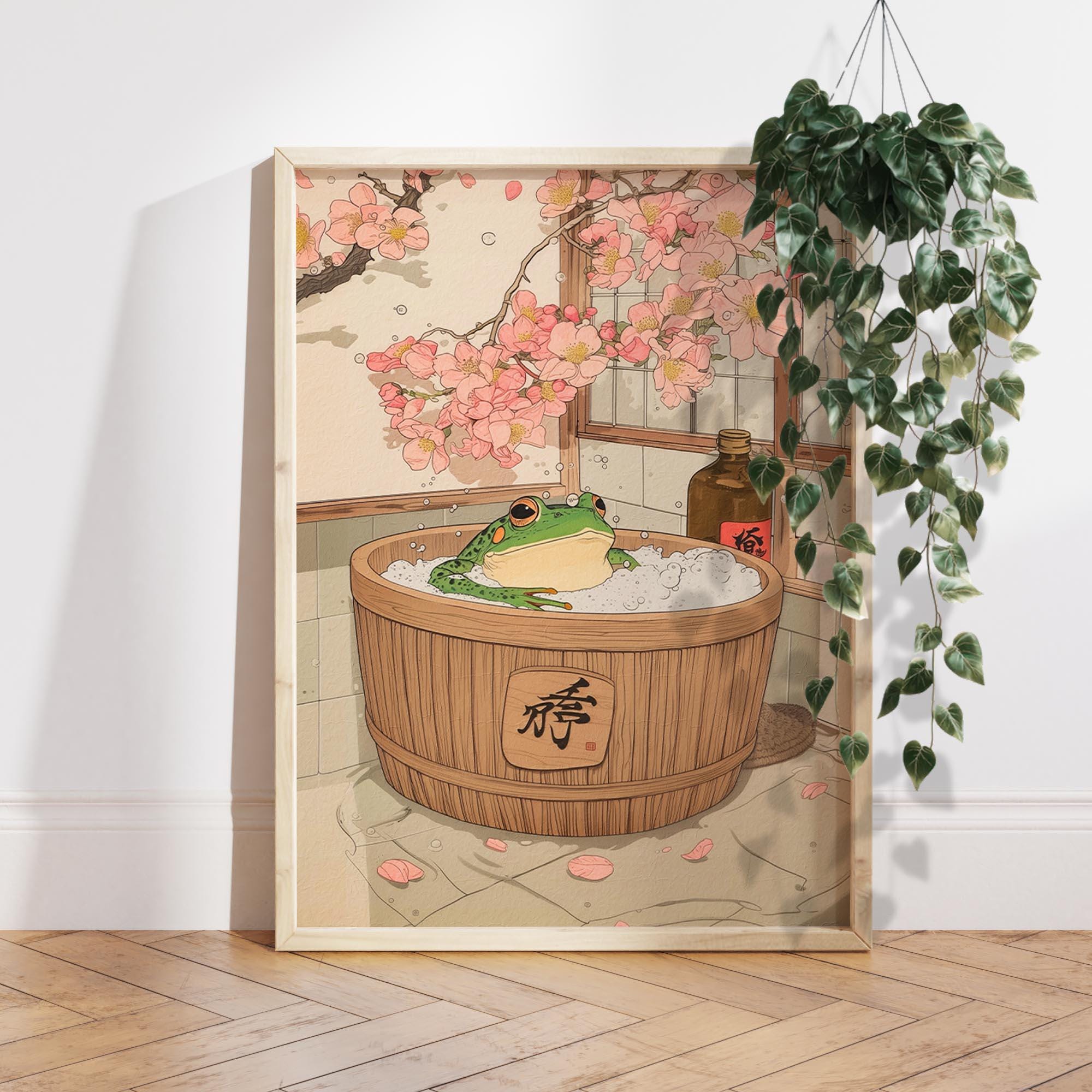 Japanese Frog in a Bathtub Print, Japanese Bathroom Wall Art