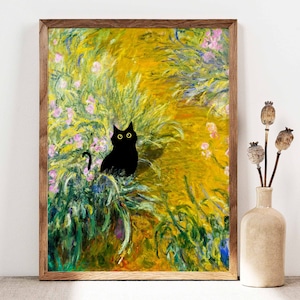 Black Cat Print, Funny Cat Poster, Cat Art, Claude Monet Irises Cat Wall Art, Flowers Funny Cat print, Funny gift, Cat and Flowers PS0465