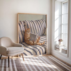 Op de afbeelding: Een ingelijst schilderij toont een rode tijgerkat die een boek leest op een gestreept blauw-wit kussen. Het kunstwerk wordt getoond in een kamer met een neutraal kleurenpalet, met een beige fauteuil en een gestreept tapijt.