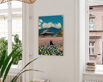 ピンクの花畑に佇む黒猫のプリント、富士山のポスター、日本の猫の