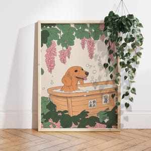 Brown Dachshund in bathtub Japanese style bathroom print, Japan poster, Funny dog poster, Aesthetic Japandi wall art, Dog Lover Gift PS0692