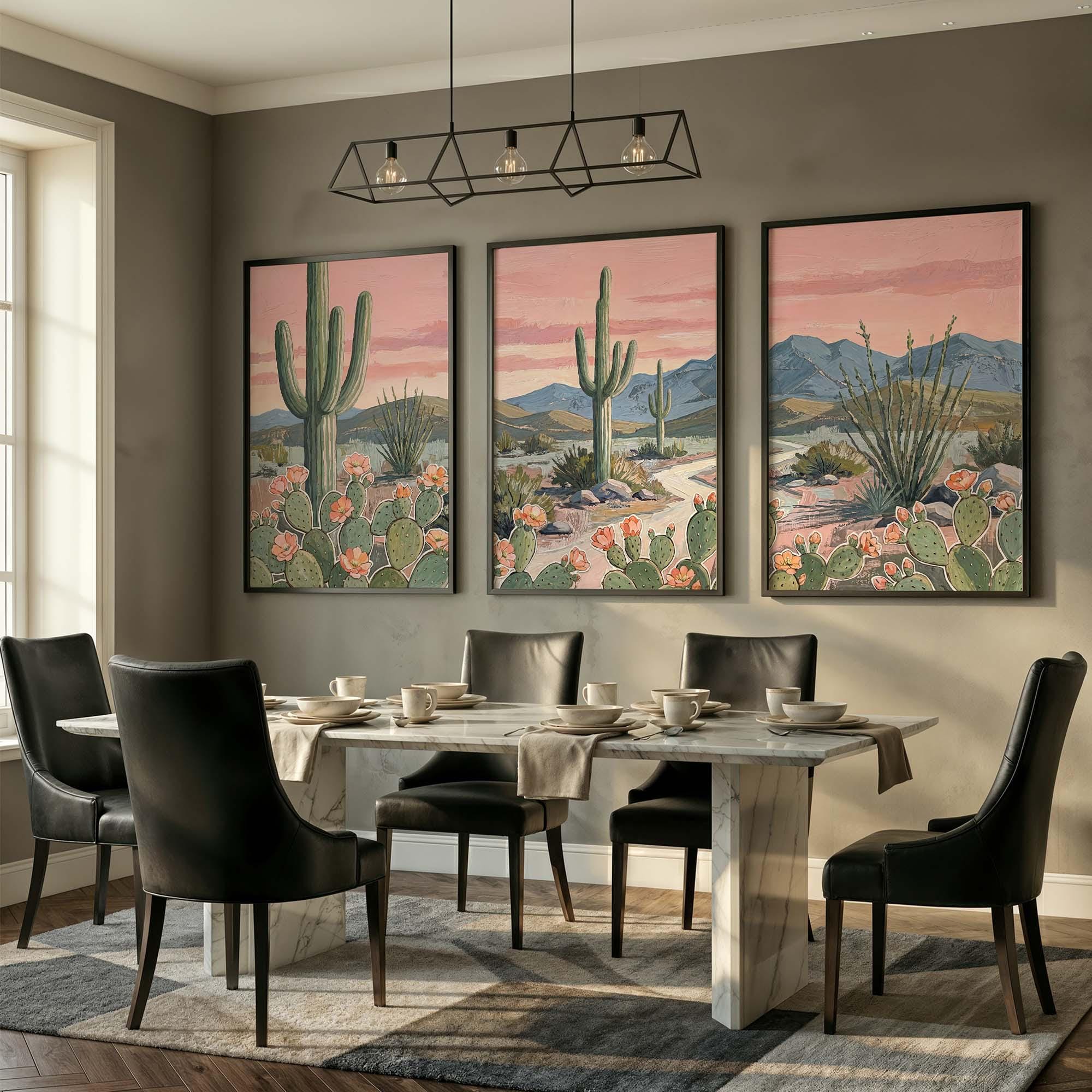 Western Desert Wall Art Set of 3, Pink Sunset Cactus Triptych Prints ...