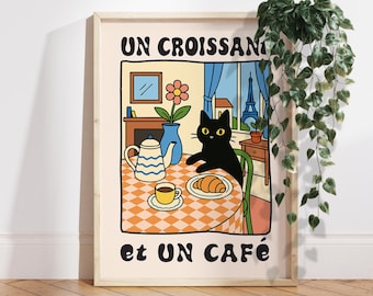 Black Cat Poster Gift, Croissant Coffee Wall Art, Kawaii Kitchen Cat Print, Paris Cat Decor, Cute Cat Lover Gift, Café Art Print PS0754