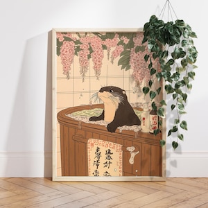 Lontra nella vasca da bagno Decorazione per il bagno giapponese, Stampa artistica giapponese, Arte murale estetica, Poster minimalista neutro, Regalo per gli amanti della lontra PS0679