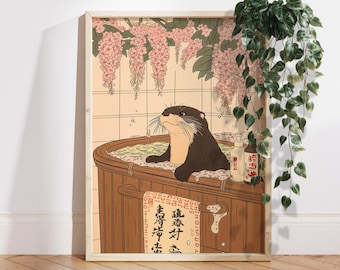 Otter in bathtub Japanese bathroom decor, Japan art print, Aesthetic wall art, Neutral minimalist poster, Otter Lover Gift PS0679