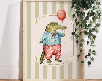 Whimsical Alligator Nursery Wall Art Print – Cute Animal Poster for Baby Room Decor, Vintage Style Kids Room Artwork VI001