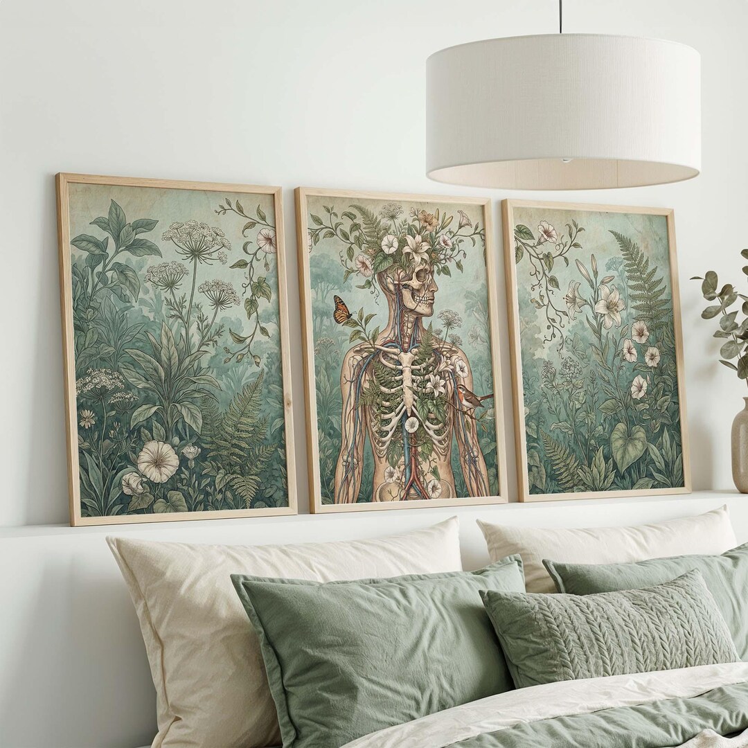 Botanical Anatomy Print Set, Vintage Floral Skeleton, Sage Green Wall ...