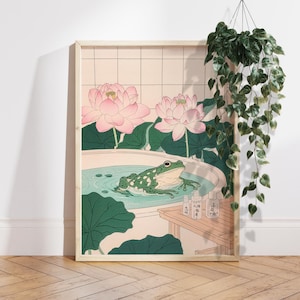Japanese Frog in a Bathtub Print, Japanese Bathroom Wall Art, Japandi Art Lotus Flower Poster, Japan Wall Decor, Bathroom Decor Gift PS0693