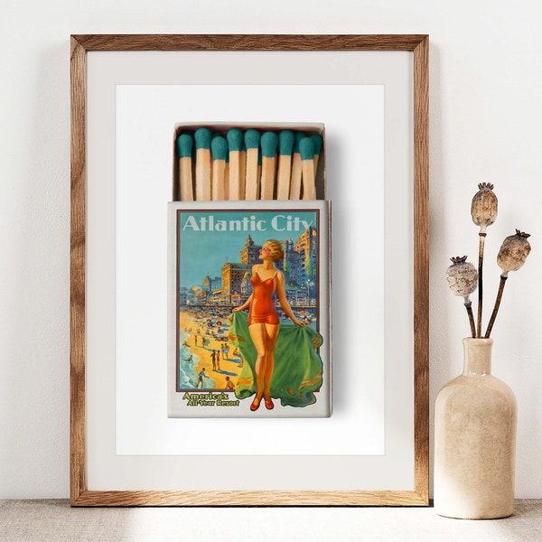 Atlantic City Beach Matchbox Poster, Retro Travel Wall Decor, Elegant wall art Gift idea, New Jersey Travel Poster, USA Poster PS0531