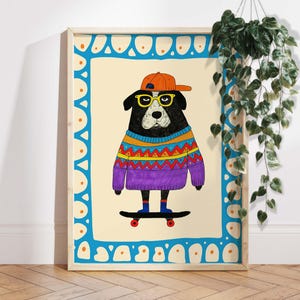 Arte de pared con diseño de perro y monopatín para habitación infantil, estampado de animales hipster para habitación infantil, decoración divertida para dormitorio de niño, póster colorido de cachorro, arte para sala de juegos.