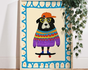 Cool Dog Skateboard Nursery Wall Art, Hipster Animal Print for Kids Room, Fun Boy Bedroom Decor, Colorful Puppy Poster, Play Room Art
