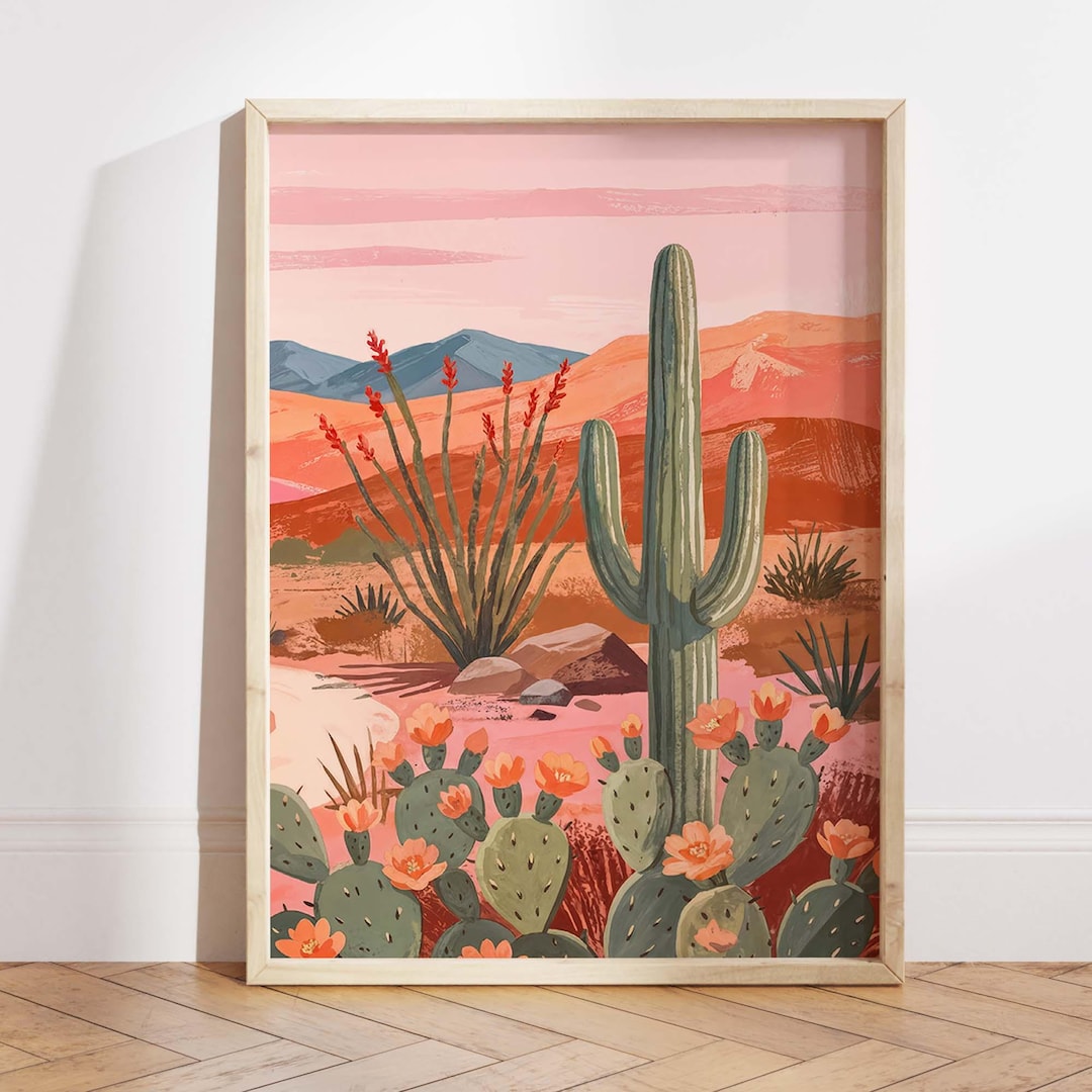 Southwestern Desert Cactus Wall Art Print, Pink Sunset Saguaro ...