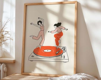 Plakat ścienny z winylu „Tańczące dziewczyny”, plakat z gramofonem retro, ilustracja inspirowana nowoczesną muzyką do domowego baru lub salonu