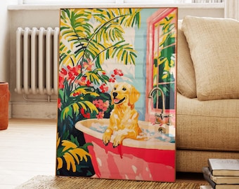 Labrador In Bathtube Print, Funny Dog Print, Tropical Pink Dopamine Decor, Funny Bathroom Wall Art, Labrador Print Gift For Dog Lover PS0642