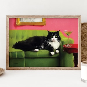 タキシード猫とマティーニのアートプリント、キュートで風変わりなウォールアート、カクテルアートバーカートの装飾、猫好きの方へのファインアートプリントギフト PS0656