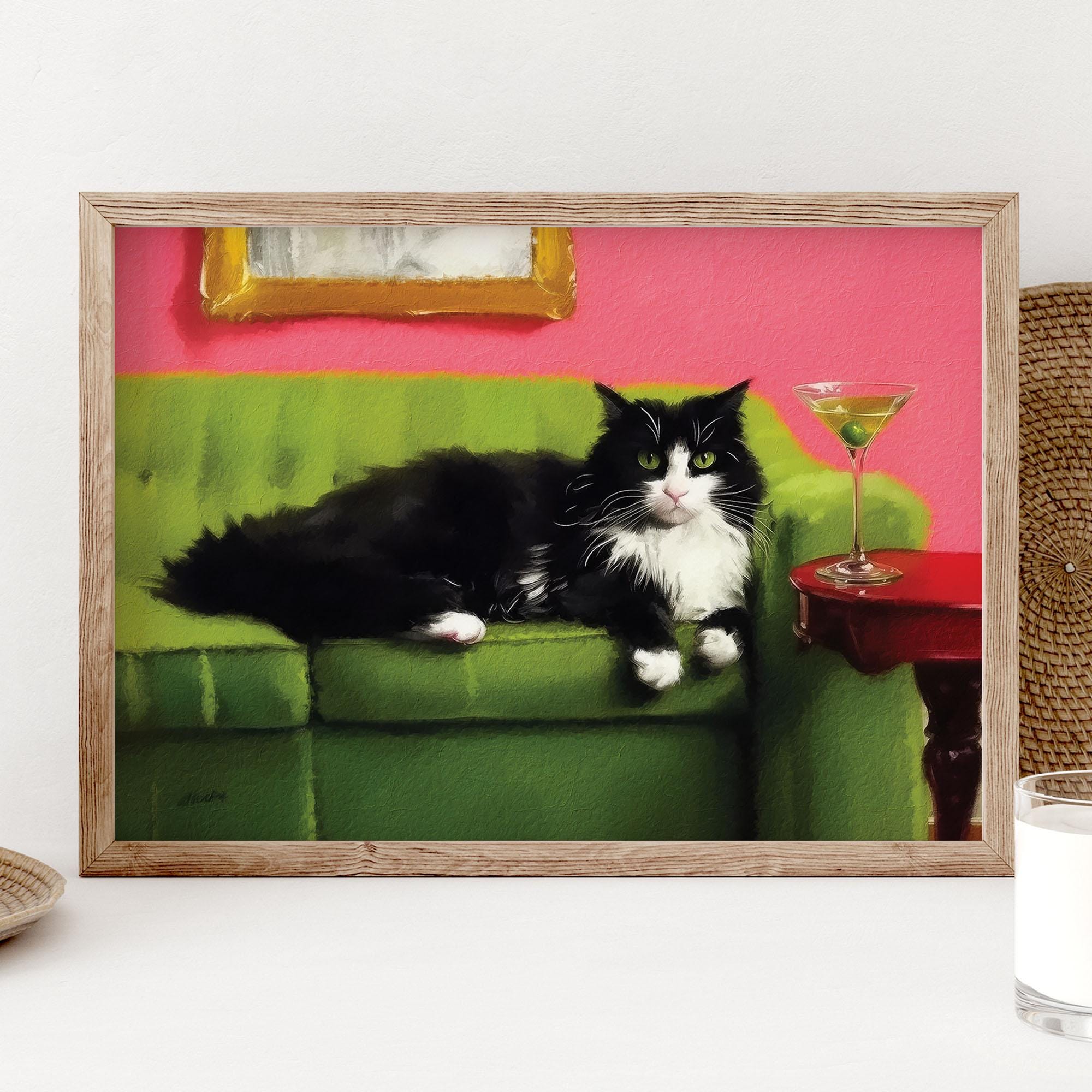 Tuxedo Cat With Martini Art Print, Cute Quirky Whimsical Wall Art ...