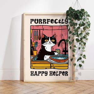 Cat Wall Art, Kitchen Wall Art, Tuxedo Cat Art, Cat Print, Retro Kitchen Poster, Dishes Posters, Kitchen Prints Wall Decor, Gift Idea PS0566